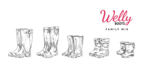 Welly boots set with black and white engraving, sketch vector illustration isolated on white background.