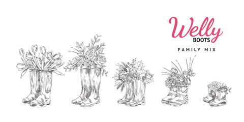Vintage wellington boots with spring and autumn flowers inside, sketch vector illustration isolated on white background. © sabelskaya