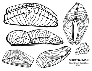 Salmon whole red fish, caviar, raw steaks and fillet realistic isolated outline vector illustration. Drawn monochrome seafood meal.