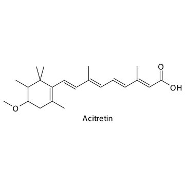 Acitretin molecule flat skeletal structure, 2nd generation retinoid used in acne, psoriasis Vector illustration on white background.