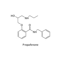 Propafenone molecule flat skeletal structure, Class Ic antiarrythmia drug - fast Na chanel blocker used in cardiac dysrythmia Vector illustration on white background.