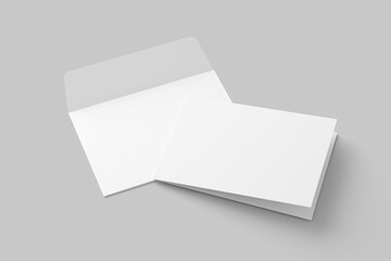 A4 A5 A6 Landscape Folded Invitation Card With Envelope 3D Rendering White Blank Mockup