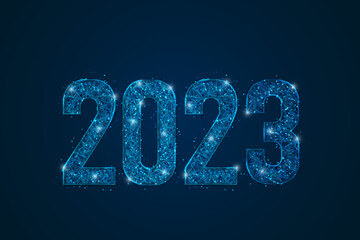 Abstract isolated blue image of new year number 2023. Polygonal low poly wireframe illustration looks like stars in the blask night sky in spase or flying glass shards. Digital web, internet design. © Katsiaryna