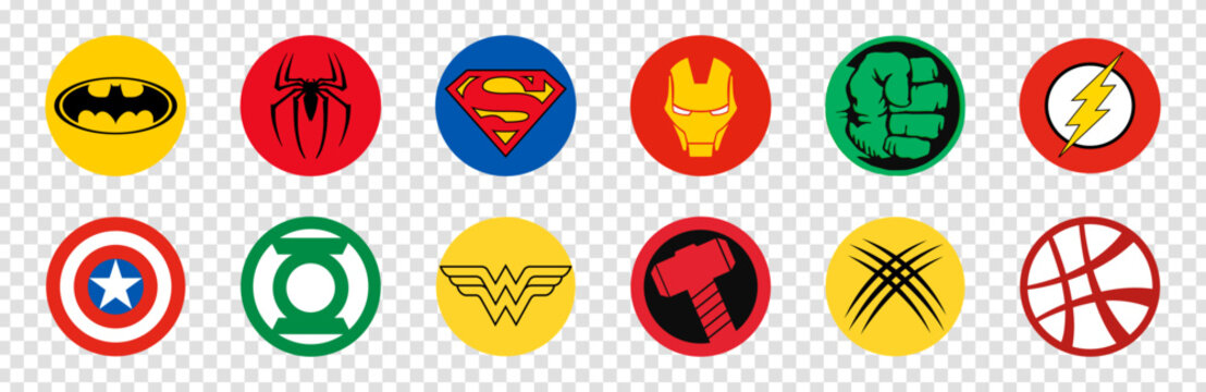 Superhero logo set: Batman, Spiderman, Superman, Iron Man and others. DC characters. Vector. VINNYTSIA, UKRAINE - SEPTEMBER 26, 2022