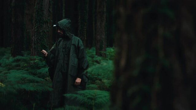 Explorer searches for the way back to the lost base camp in the forest