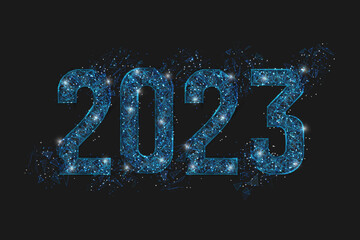 Abstract isolated blue image of new year number 2023. Polygonal low poly wireframe illustration looks like stars in the blask night sky in spase or flying glass shards. Digital web, internet design. © Katsiaryna
