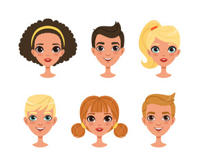 Cute boys and girls faces set. Children characters, constructor for animation cartoon vector illustration