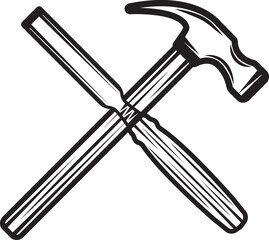 Vintage carpentry woodword mechanic hammer chisel cross. Can be used like emblem, logo, badge, label. mark, poster or print. Monochrome Graphic Art. Vector