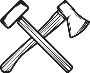 Vintage carpentry woodword mechanic axe big hammer cross. Can be used like emblem, logo, badge, label. mark, poster or print. Monochrome Graphic Art. Vector Illustration.