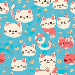 Seamless pattern with cute colourful Kittens and Cats. Creative childish texture. Great for fabric, textile Illustration or wrapping paper.