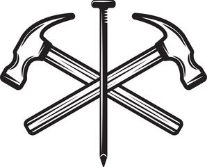 Vintage carpentry woodword mechanic hammer nail cross. Can be used like emblem, logo, badge, label. mark, poster or print. Monochrome Graphic Art. Vector