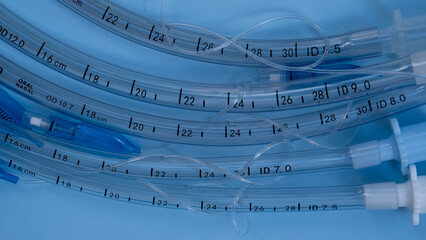 endotracheal tubes of different sizes and diameters lie on a light blue background