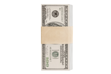 Vertical stack of 100 dollar bills secured with a paper strap