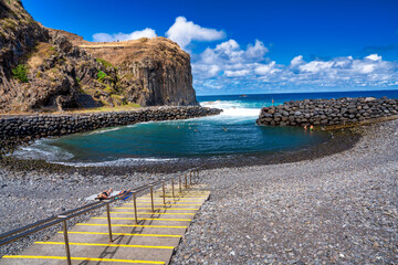 Madeira, Portugal - September 6, 2022: Tourists and locals enjoy Praia do Faial
