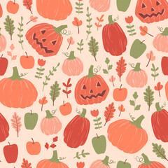 seamless pattern with halloween ornament. Pumpkins, apples and leaves