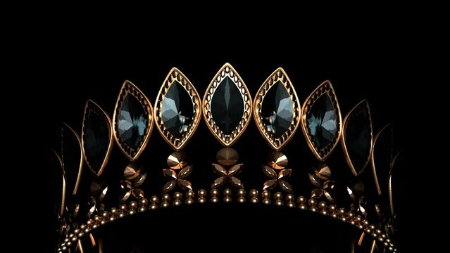 Golden crown with brilliants on black background 3D 4K animation. Sparkling royal corona