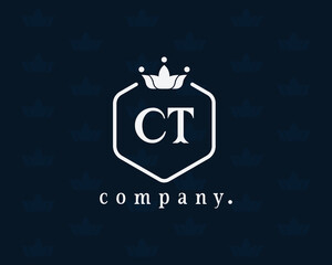 Letter CT, C or T royal crown logo design template elements. Elegant crest logo icon vector design. Creative badge design with king crown and shield for corporate and business. Queen symbol.