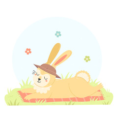 Obraz na płótnie Canvas A cute rabbit in a hat is sunbathing in the sun. A bunny character in a cartoon flat style. Vector summer children's illustration.