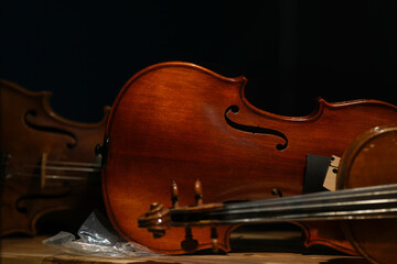 violin. workshop where violins are repaired. detail.