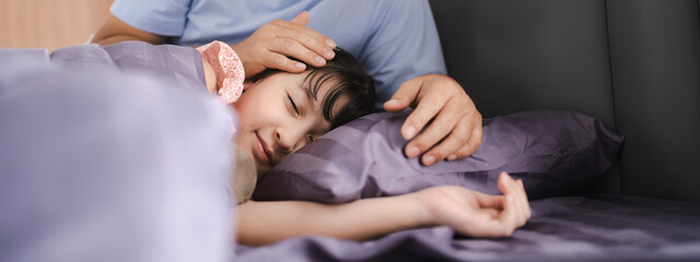 asian children girl person are sleep on bed at home, little young cute daughter having bedtime to relax in bedchamber room lying pillow, happy female childhood resting adorable at night