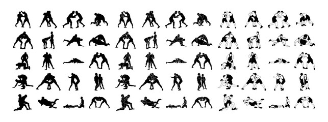 Big set silhouettes athlete wrestler in wrestling, duel, fight. Greco Roman, freestyle, classical wrestling - obrazy, fototapety, plakaty