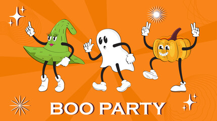 Halloween mascot in retro style. Halloween characters including ghost, pumpkin and witch with gloved hands. Boo banner pack of funny cartoon