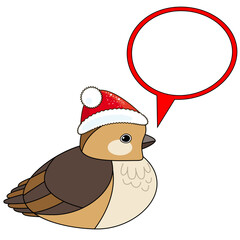 Cute Christmas bird in red Christmas hat with speech bubble, isolated on white background, vector sign.