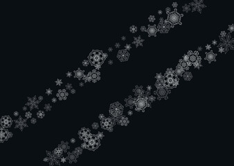 Silver snowflakes frame on black background. Horizontal shiny Christmas and New Year frame for gift certificate, ads, banners, flyers. Falling snow with glitter silver snowflakes for party invite