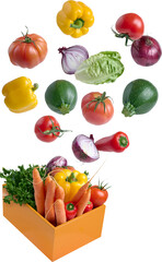 Vegetables flying in a box