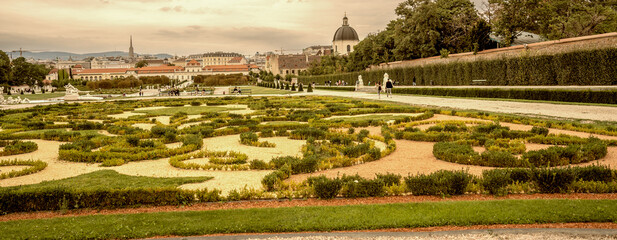 Fototapeta na wymiar Vienna, Austria - August 20, 2022: Tourists at Belvedere Castle and Gardens in summer season
