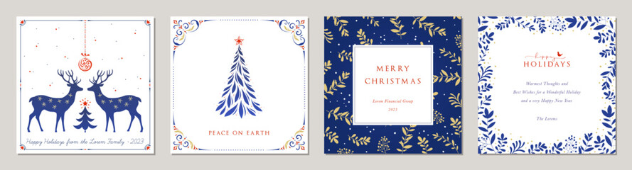 Business Holiday cards. Universal Christmas templates with decorative Christmas Tree, reindeers, Christmas ornament, floral background and frame with copy space, birds and greetings.  - 533415767