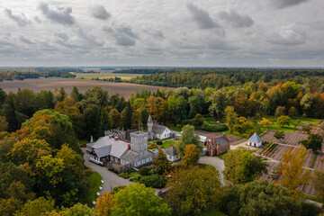 Fototapeta na wymiar Aerial view of Burbiskis manor, Radviliskis region in Lithuania in autumn