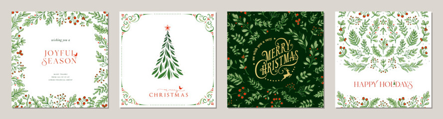 Winter Foliage Holiday cards. Universal Christmas templates with decorative Christmas Tree, reindeer, floral background and frame with copy space, birds and greetings.	 - 533415998