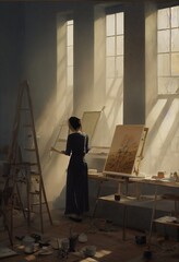 a person painting in a room with windows 