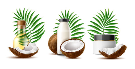 Coconut products compositions. Realistic oil in transparent glass bottle, cream in plastic jar with lid and milk, palm leaves, pieces and halves of nuts, 3d isolated elements. Utter vector set