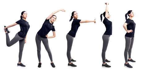 Collage of full length young woman in sportswear doing exercises.