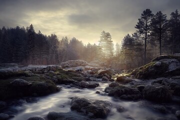 A river in the forest with rocks 
