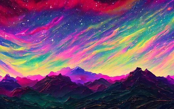 This is a picture of a dreamy, psychedelic space landscape. It's full of vibrant colors and swirls, and it looks like you could get lost in it forever.