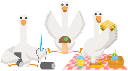 Set Abstract Collection Flat Cartoon Different Animal Birds Goose, Geese, Found A Mushroom, Knits A Sock, Eating A Sandwich On A Picnic Vector Design Style Elements Fauna Wildlife
