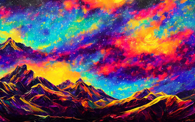 Fototapeta na wymiar I am floating in a dreamy psychedelic space landscape. The colors are swirling around me, and I feel weightless and free. I am surrounded by stars, and the universe is infinite.