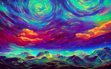 Vibrant colors swirl and dance in the hazy sky, while a crescent moon hangs low on the horizon. Stars twinkle brightly against the inky black void beyond. Dreamy landscapes like this one fill my head 