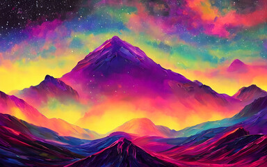 I am dreaming of a psychedelic space landscape. The colors are swirling around me and I feel like I am floating in the air.