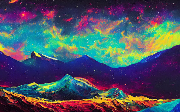 The colors in the sky swirl and mix together, creating a dreamy space landscape. The stars shine brightly against the dark background.