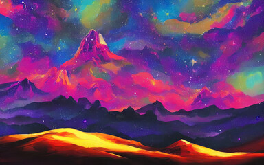 A dreamy, psychedelic space landscape. It's a beautiful painting with swirls of color and light. The stars are shining brightly and there is a feeling of peace and tranquility.