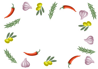 Background with rosemary and chili pepper, olive branch and garlic. Spicy for cooking.