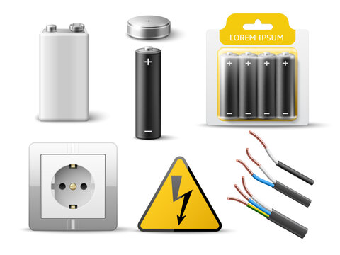 Realistic electricity elements. 3d power objects, different types alkaline batteries in transparent blister package, color cables, electric socket, yellow high voltage sign utter vector set