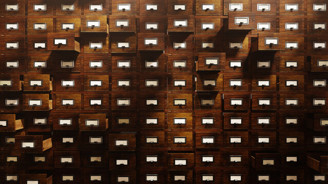 Antique library card catalog wooden drawers file cabinet