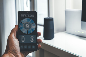 Smart home application on smartphone. Domotic, technology automation, remote control system concept.