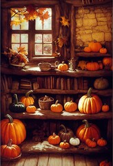 Obraz premium house with pumpkins and orange leaves in a halloween theme