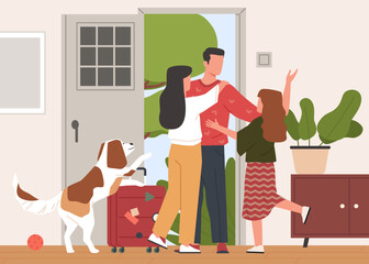 Return in home. Father came home from work, happy family meets dad on house doorstep, people greet and hug, dog owner, long awaited joyful meeting, nowaday vector cartoon flat concept